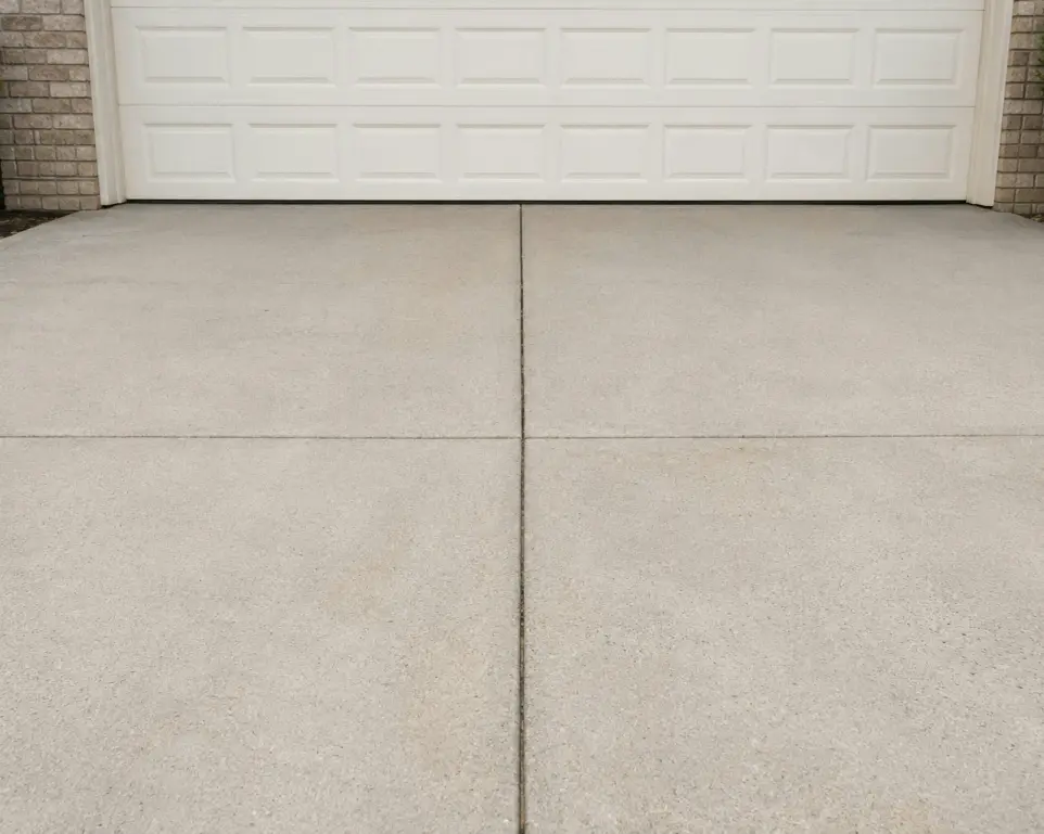 A concrete driveway in front of a white garage door.